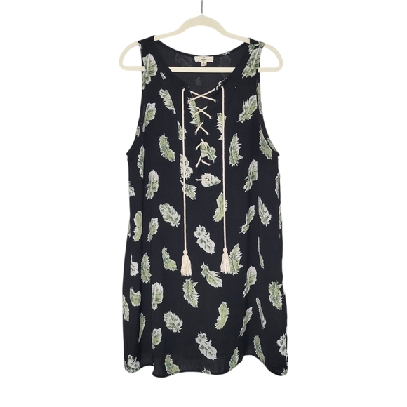 Entro Black Tropical Leaf Print Sleeveless Front Tie A-Line Summer Dress Size L - Picture 1 of 8
